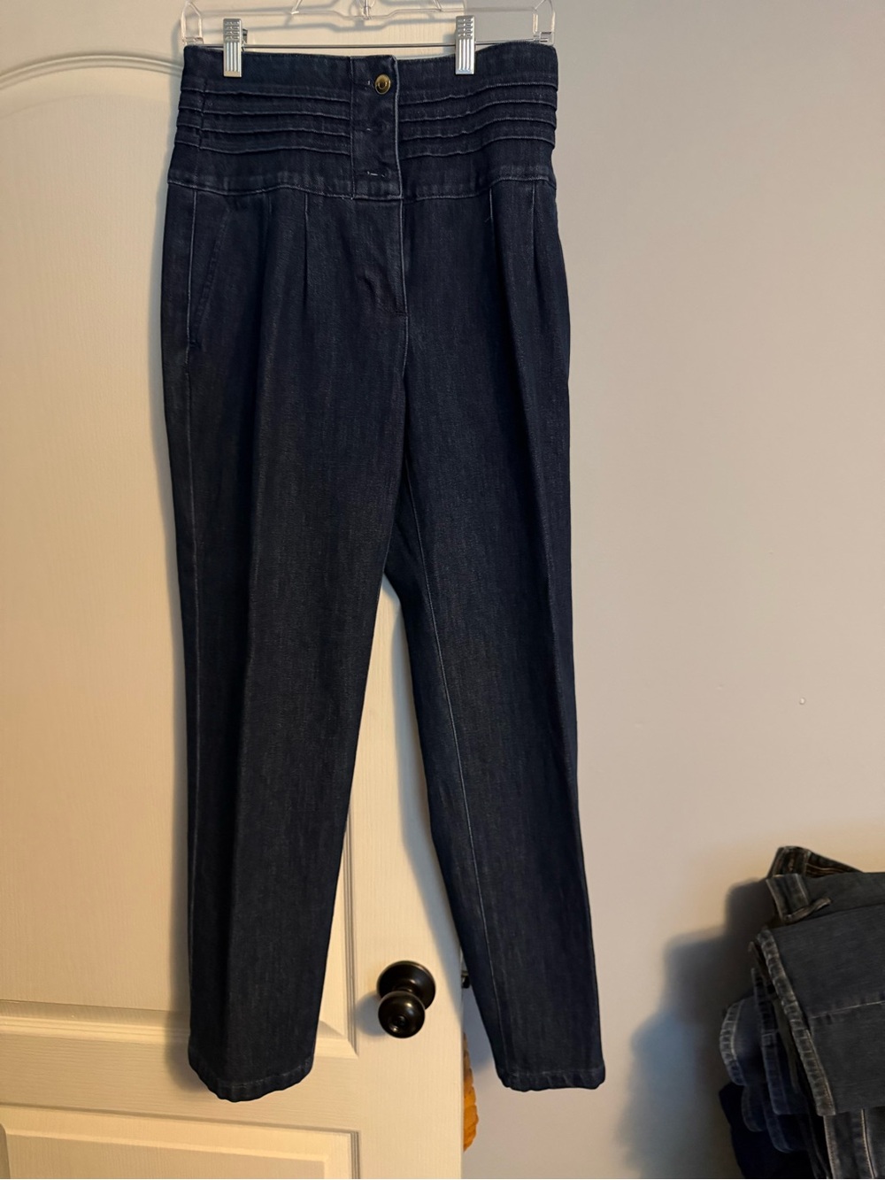 High-Rise Dark Blue Pleated Waist Women's Jeans